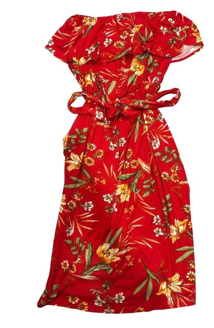 Misty B Women’s Red Floral Off Shoulder Ruffle Maxi Dress Tie Waist XL